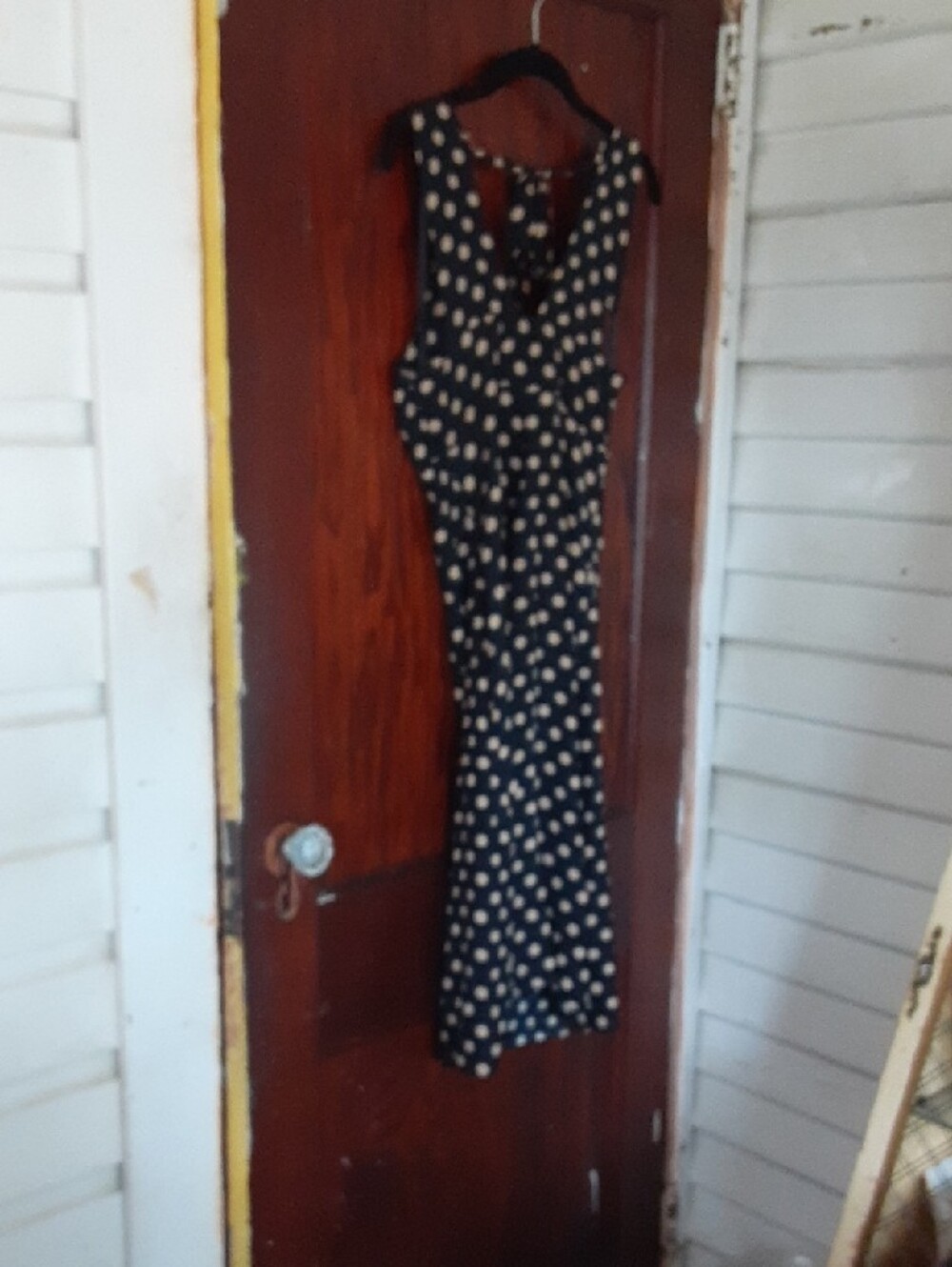 Betsey Johnson Black Slip Maxi Dress with Cream Polka Dots and Tie-Back - Picture 7 of 7